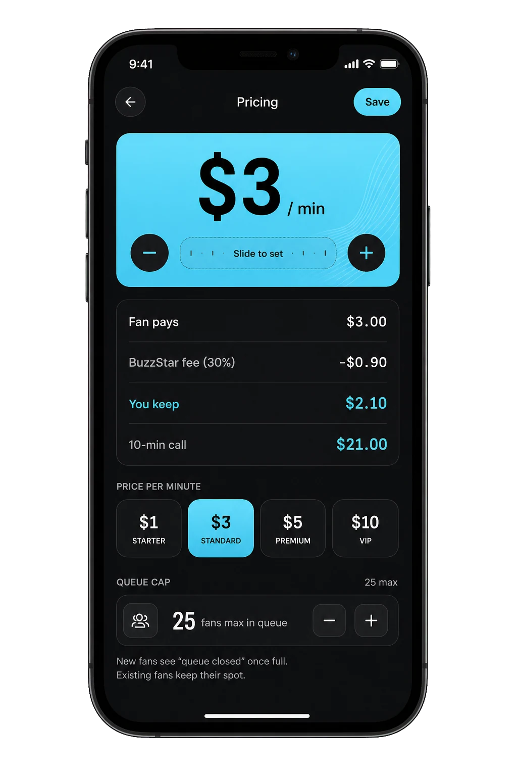 BuzzStar creator pricing screen showing a $3 per minute rate and earnings breakdown